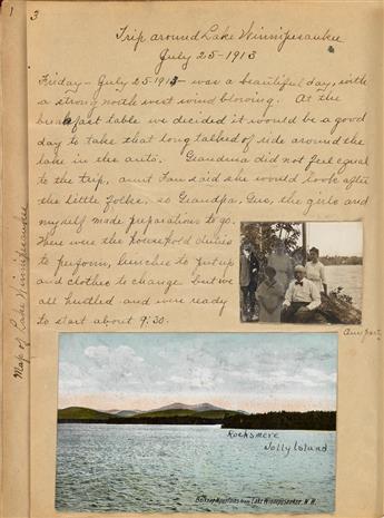 (SCRAPBOOK) Diary entitled Trip Around Lake Winnipesaukee, July 25, 1913, with 70 handwritten pages containing more than 120